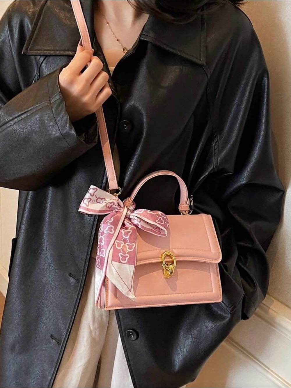 Pink Top Handle Satchel Bag with Scarf Accent